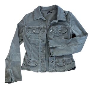 BluJeanious Olive Army Green Stretch Tailored Jean Jacket, Size Small